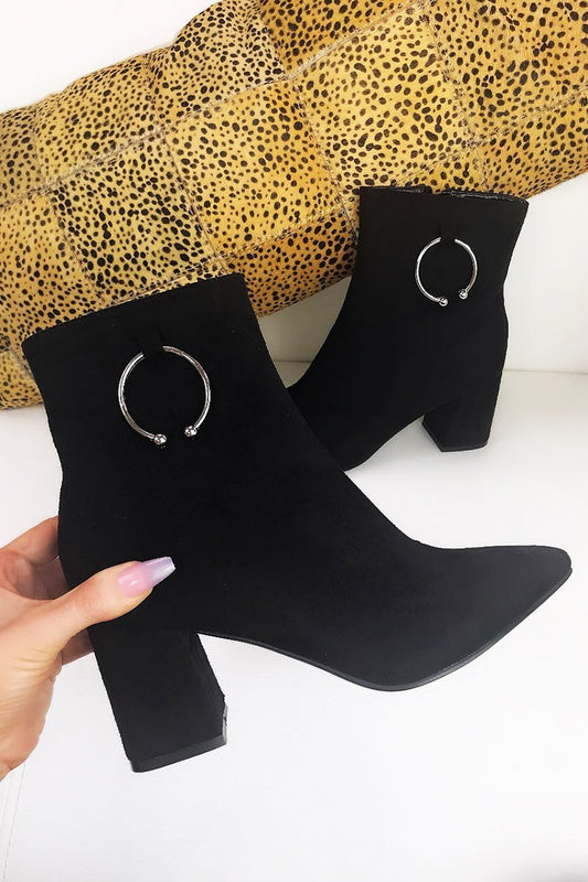 Hazel Black Faux Suede Ring Detail Ankle Boots