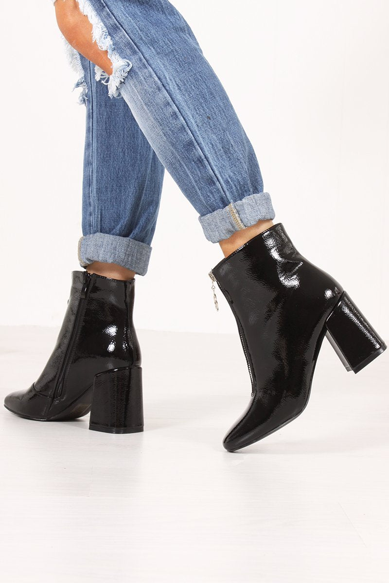 Holly Black High Shine Flared Block Heel Ankle Boots