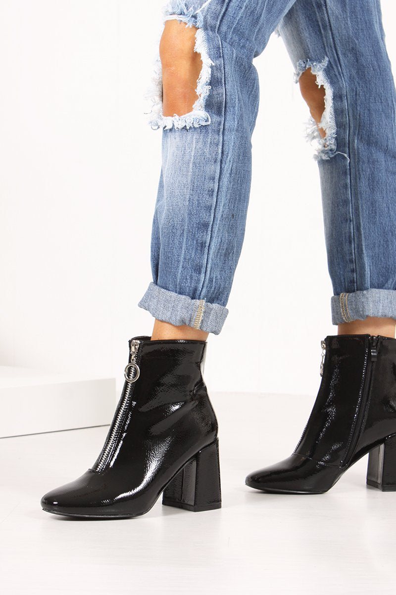 Holly Black High Shine Flared Block Heel Ankle Boots