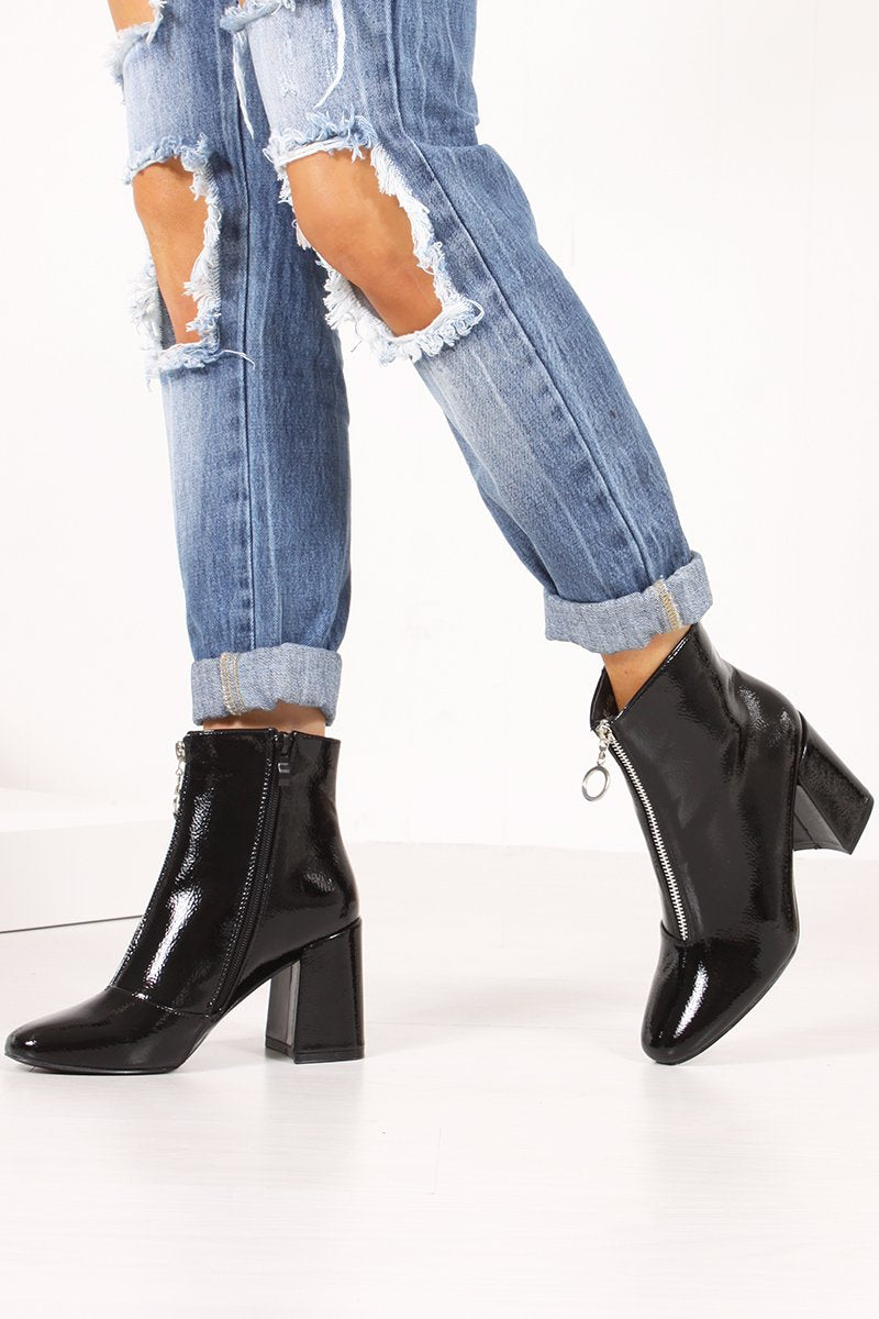 Holly Black High Shine Flared Block Heel Ankle Boots