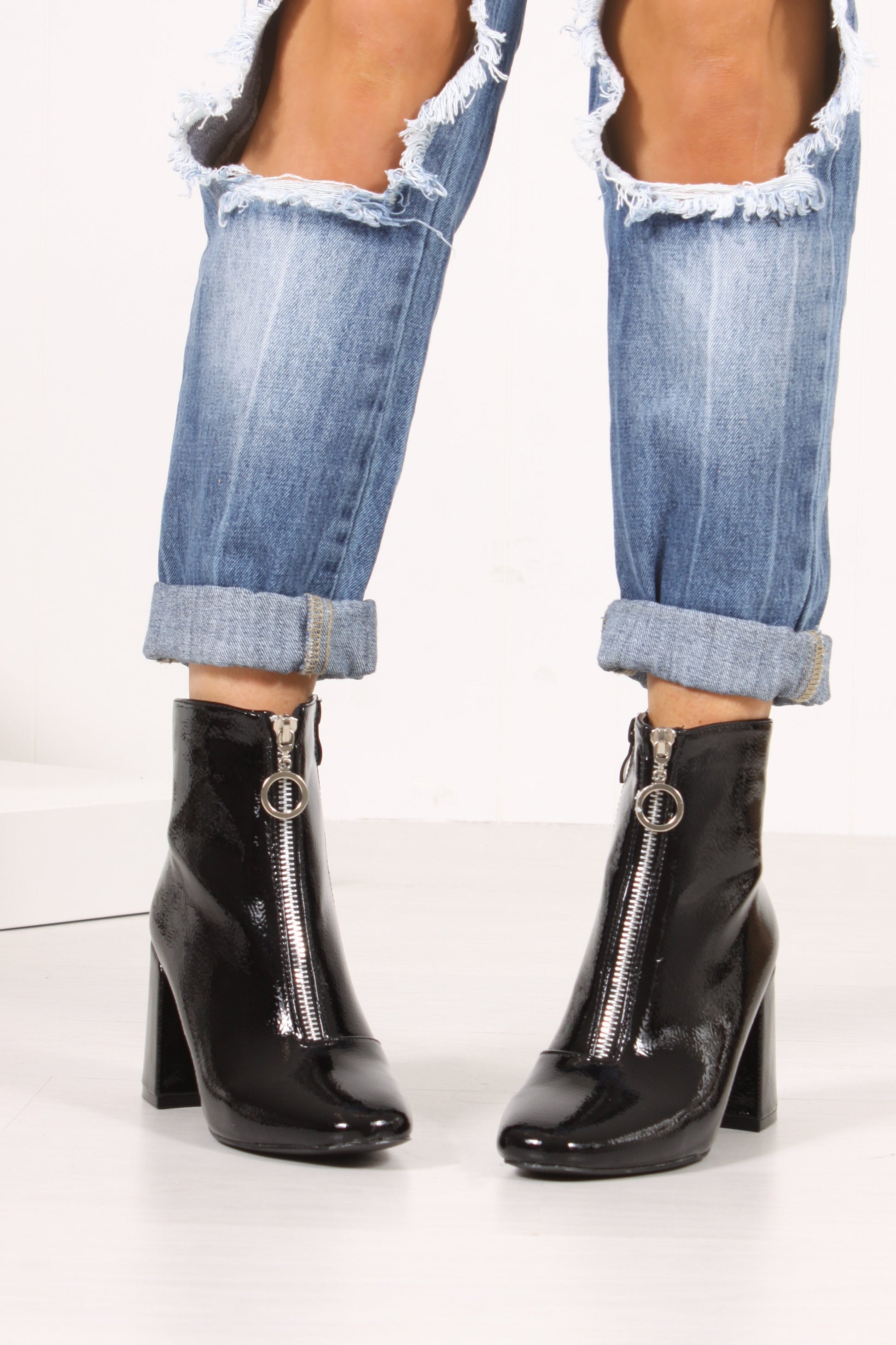 Holly Black High Shine Flared Block Heel Ankle Boots