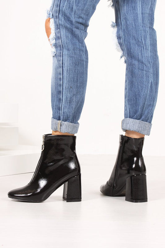 Holly Black High Shine Flared Block Heel Ankle Boots