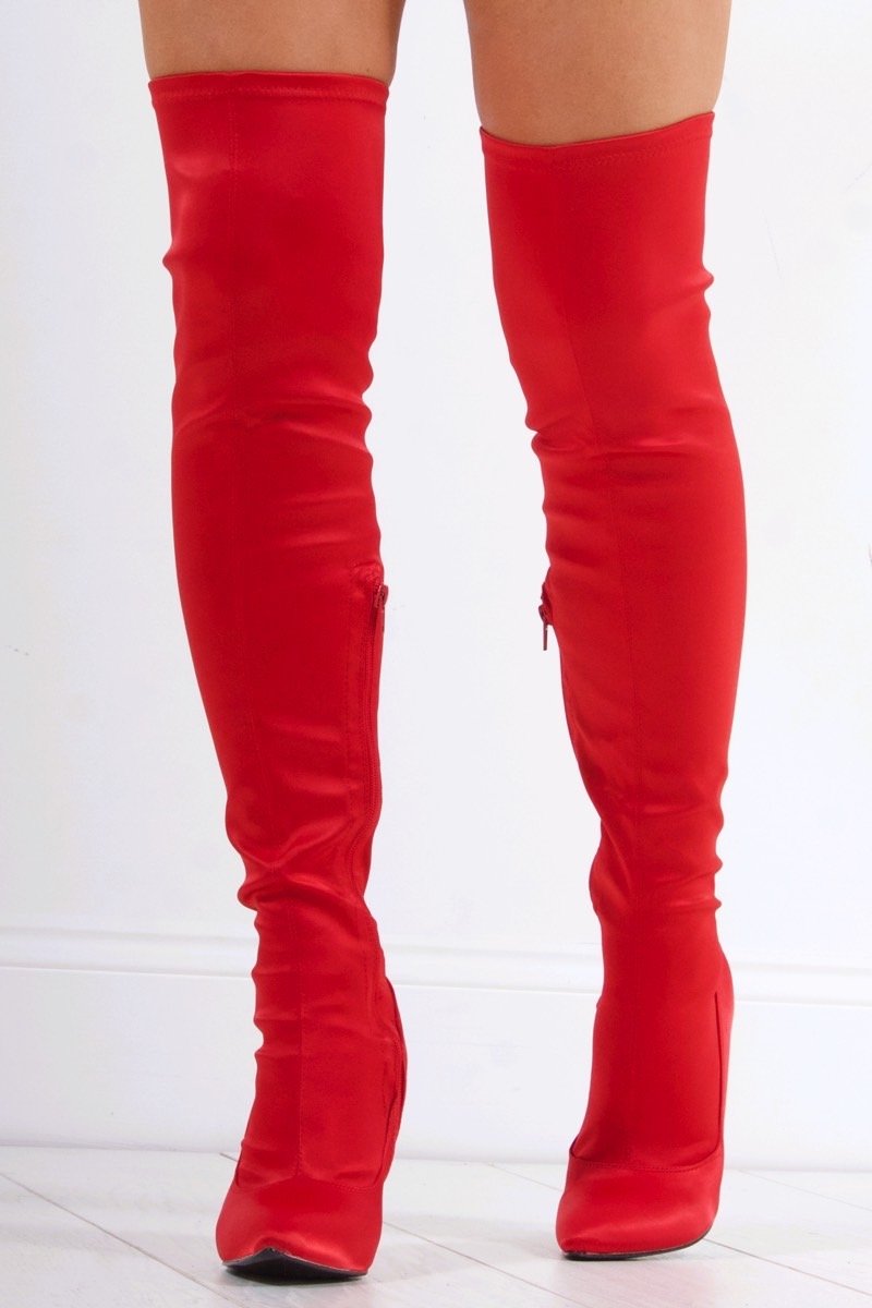 Holly Red Satin Thigh High Boots