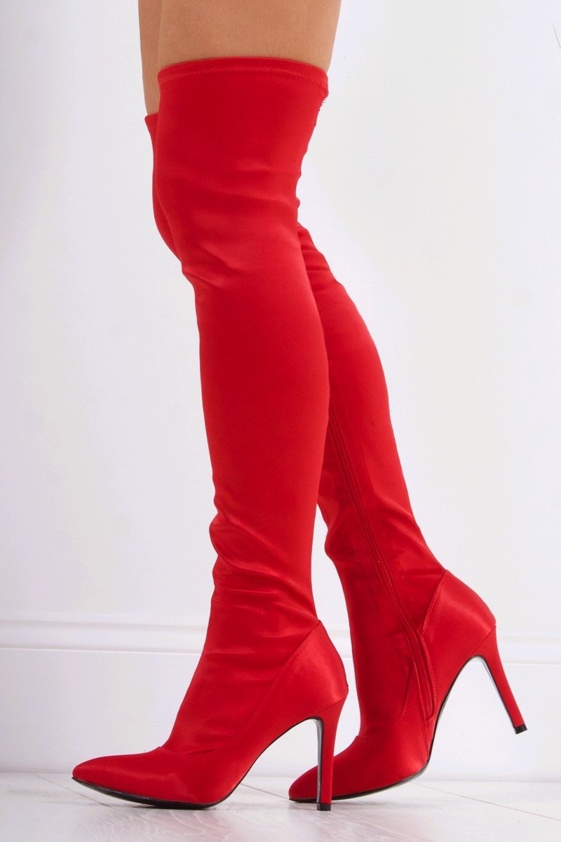 Holly Red Satin Thigh High Boots