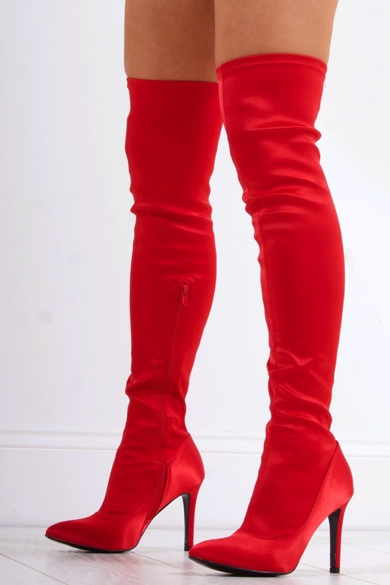 Holly Red Satin Thigh High Boots