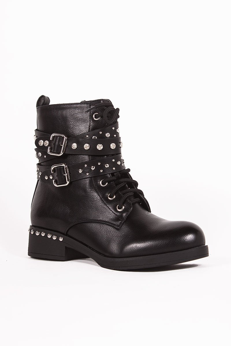 Hope Black Studded Buckle Strap Ankle Boots