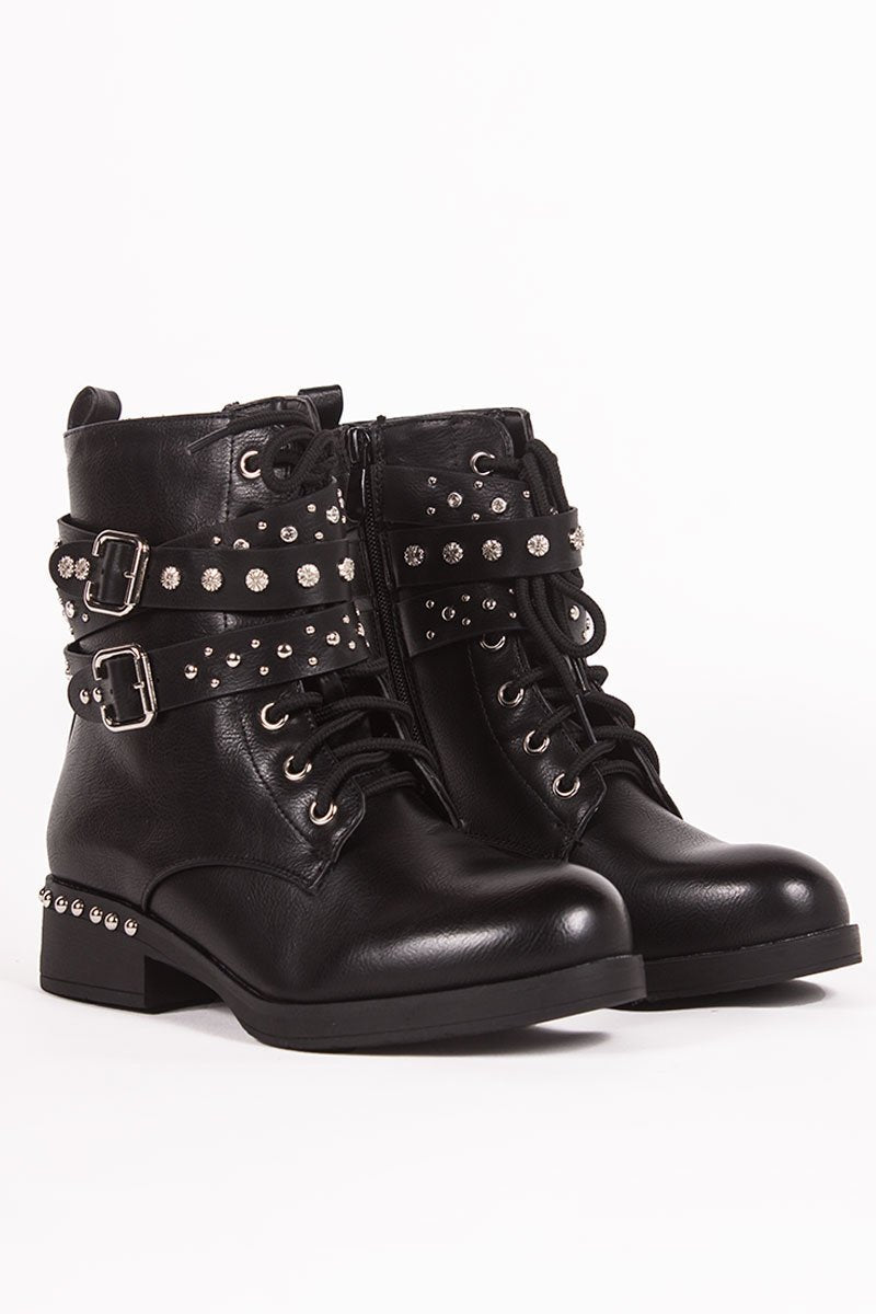 Hope Black Studded Buckle Strap Ankle Boots