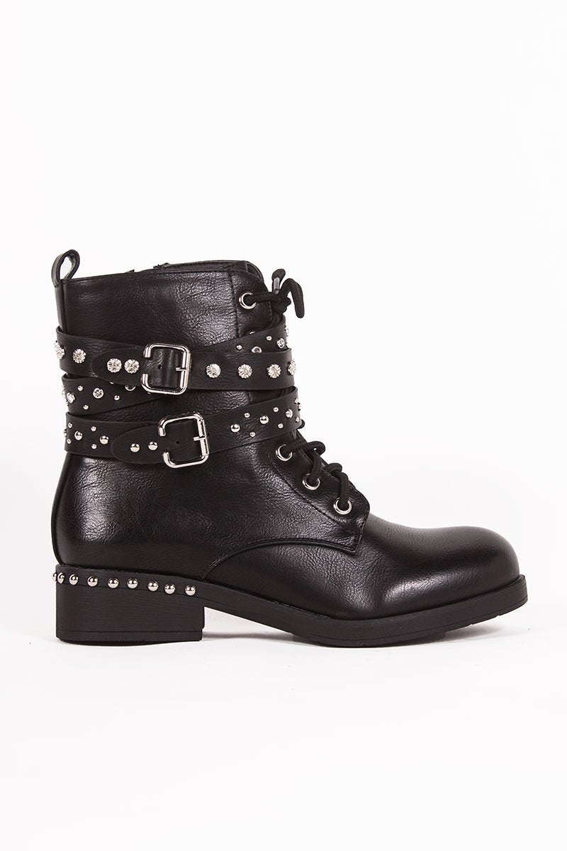 Hope Black Studded Buckle Strap Ankle Boots