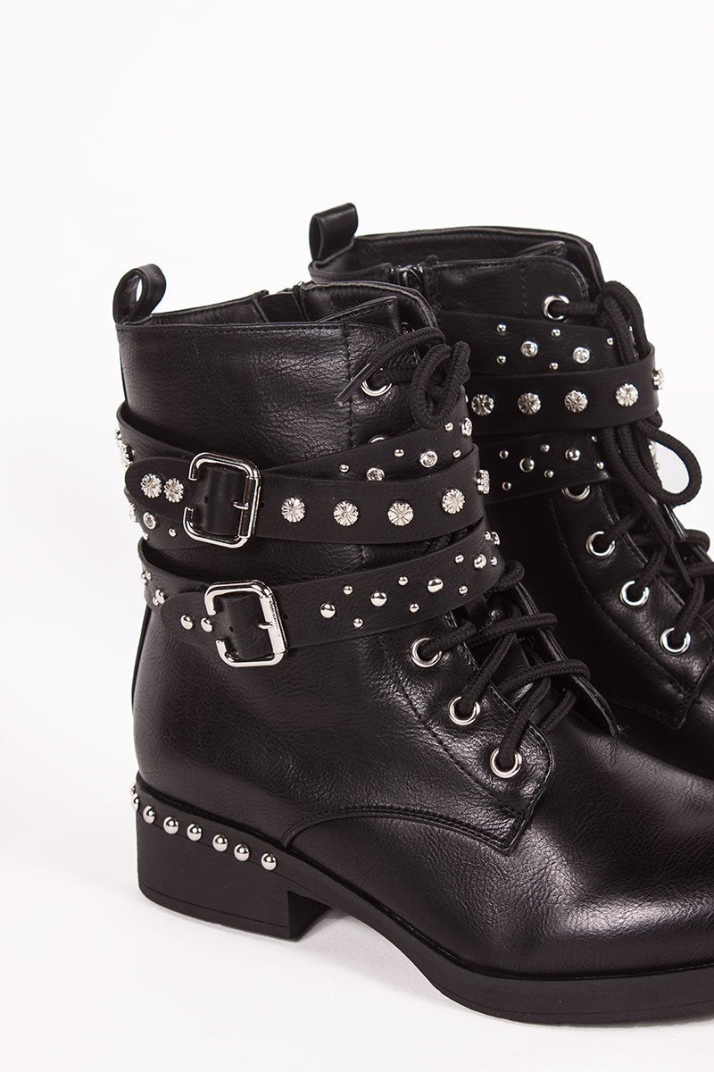 Hope Black Studded Buckle Strap Ankle Boots