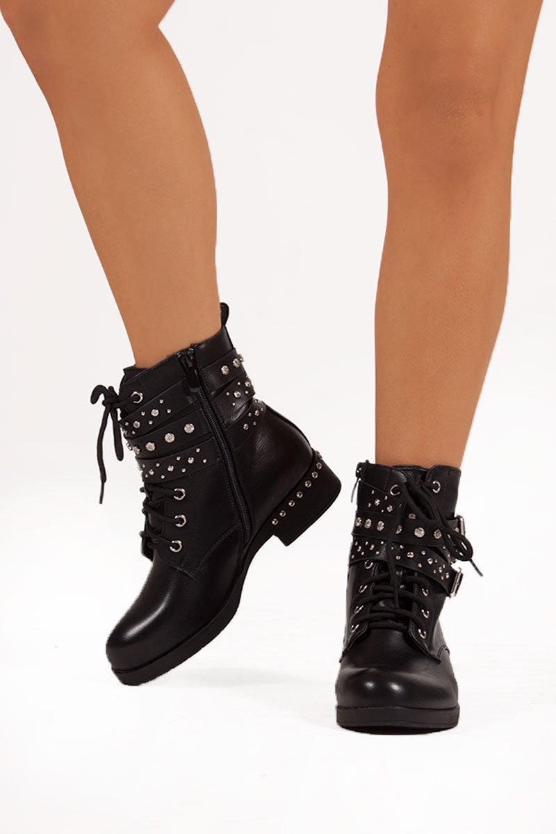 Hope Black Studded Buckle Strap Ankle Boots