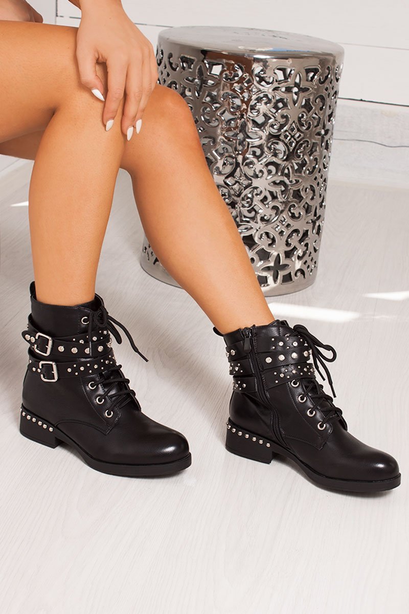 Hope Black Studded Buckle Strap Ankle Boots