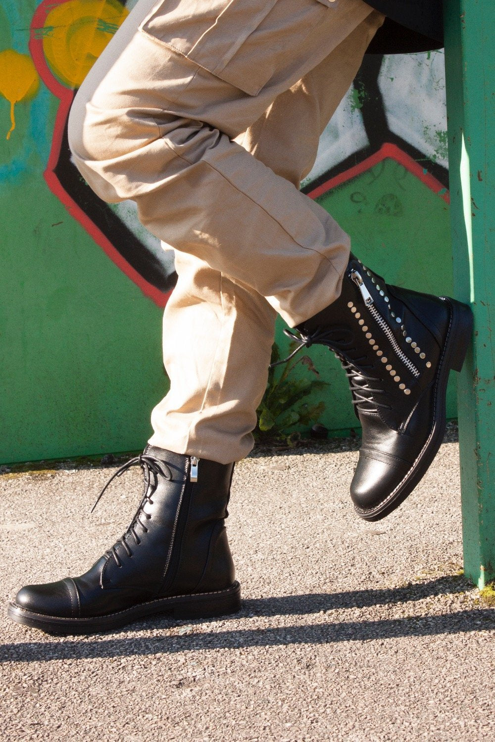 Imogen Black Stud Lace Up Flat Biker Boots