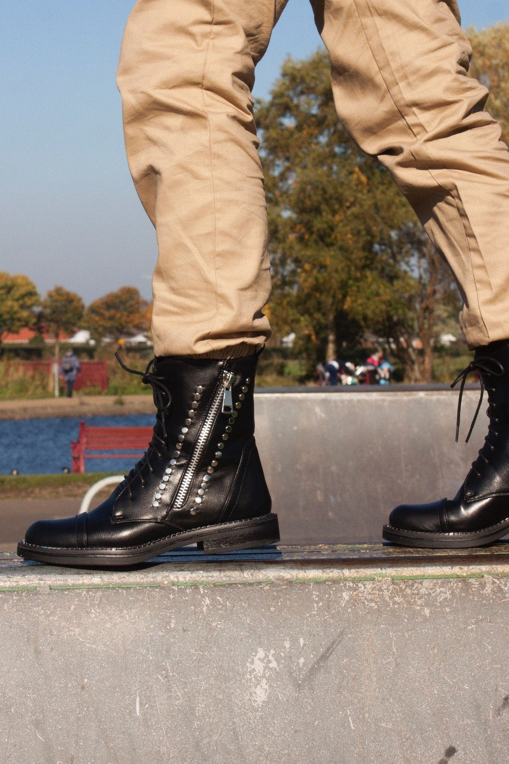 Imogen Black Stud Lace Up Flat Biker Boots