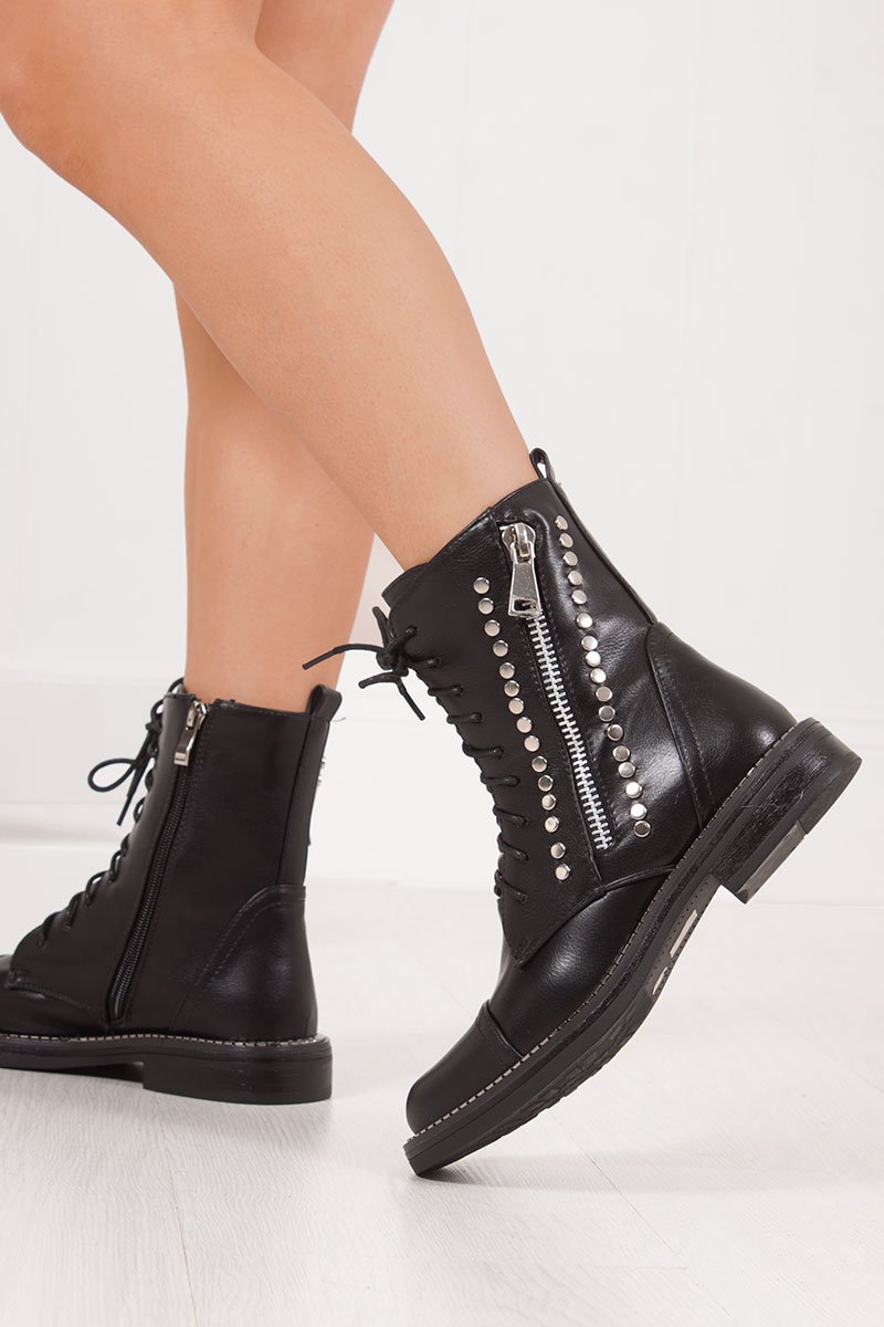 Imogen Black Stud Lace Up Flat Biker Boots