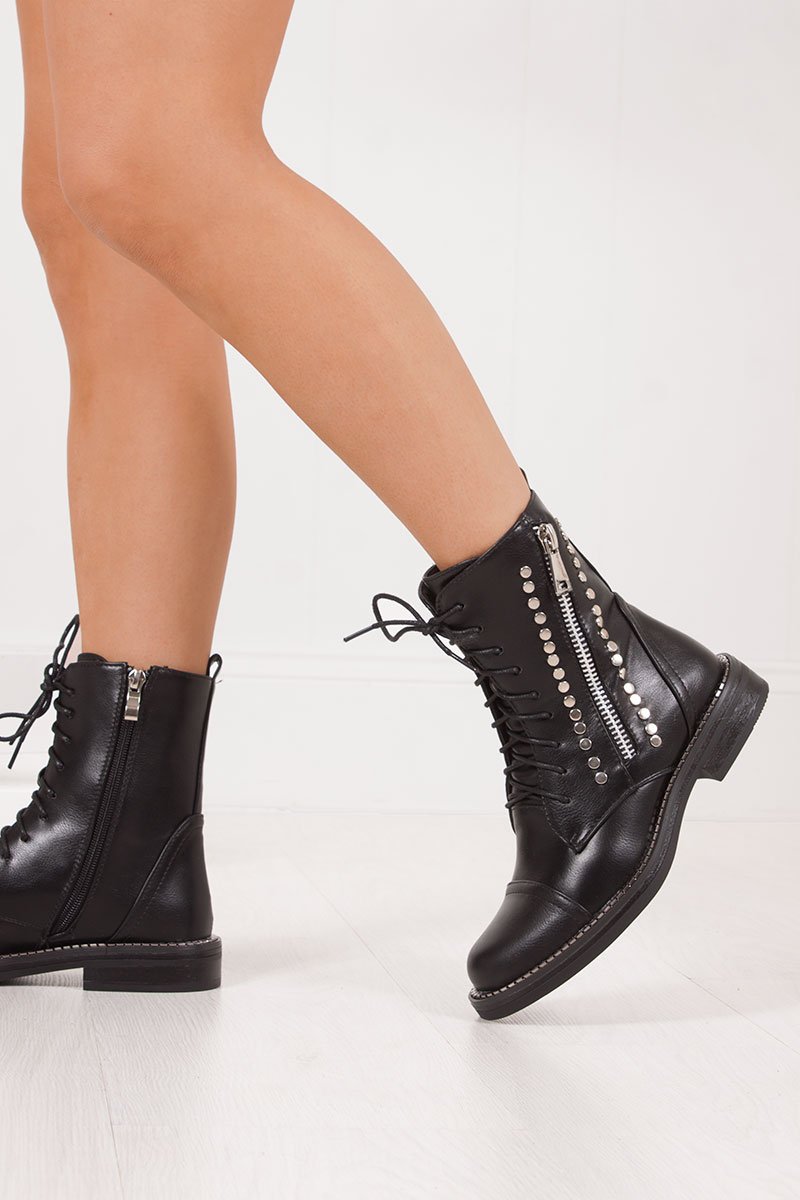 Imogen Black Stud Lace Up Flat Biker Boots