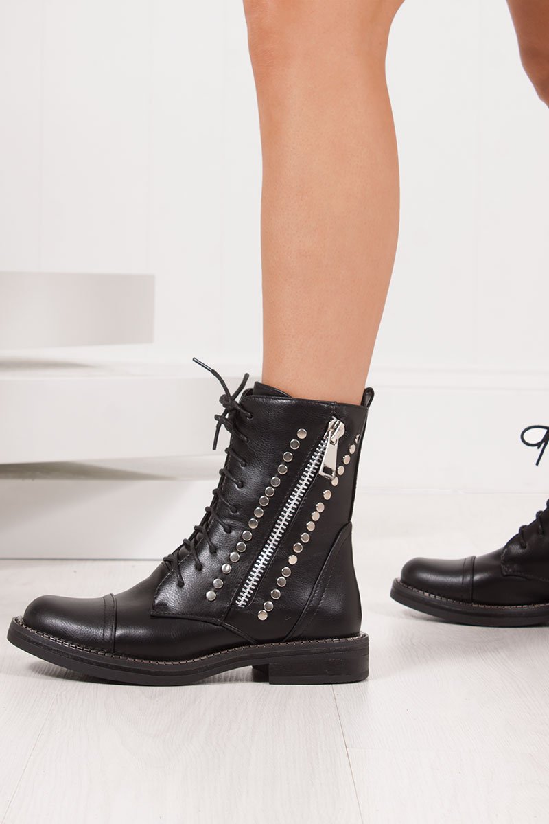 Imogen Black Stud Lace Up Flat Biker Boots