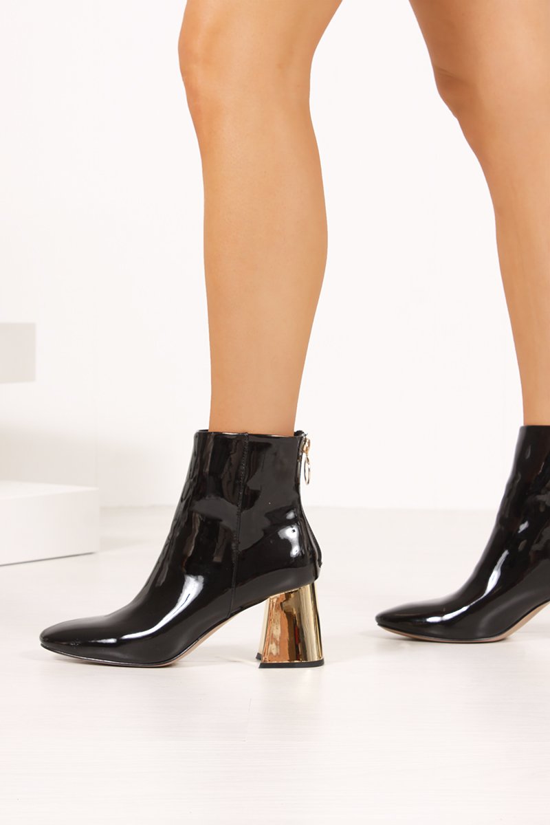 India Black High Shine Gold Flared Block Heel Ankle Boots