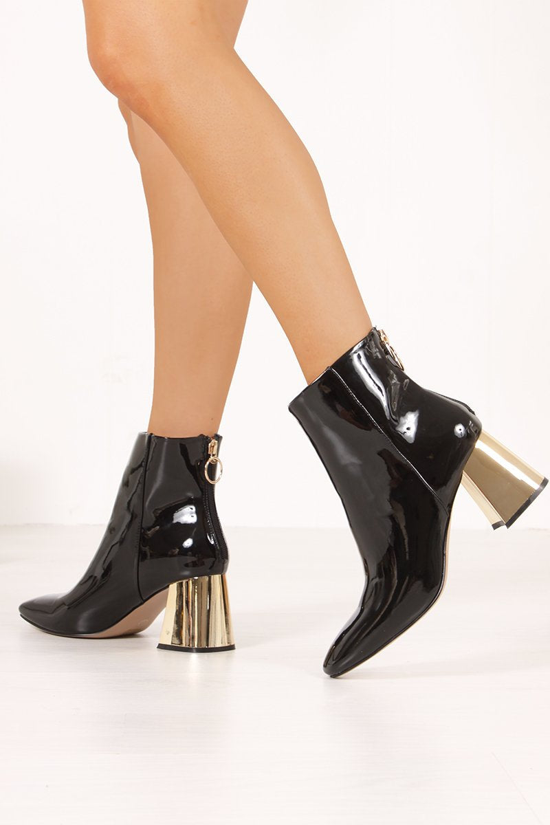 India Black High Shine Gold Flared Block Heel Ankle Boots