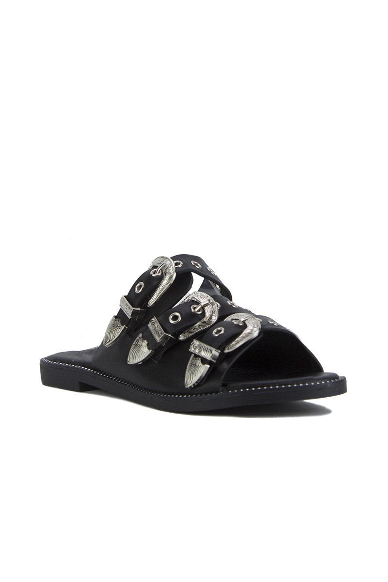 Jada Black Buckle Slider Sandals With Silver Detail