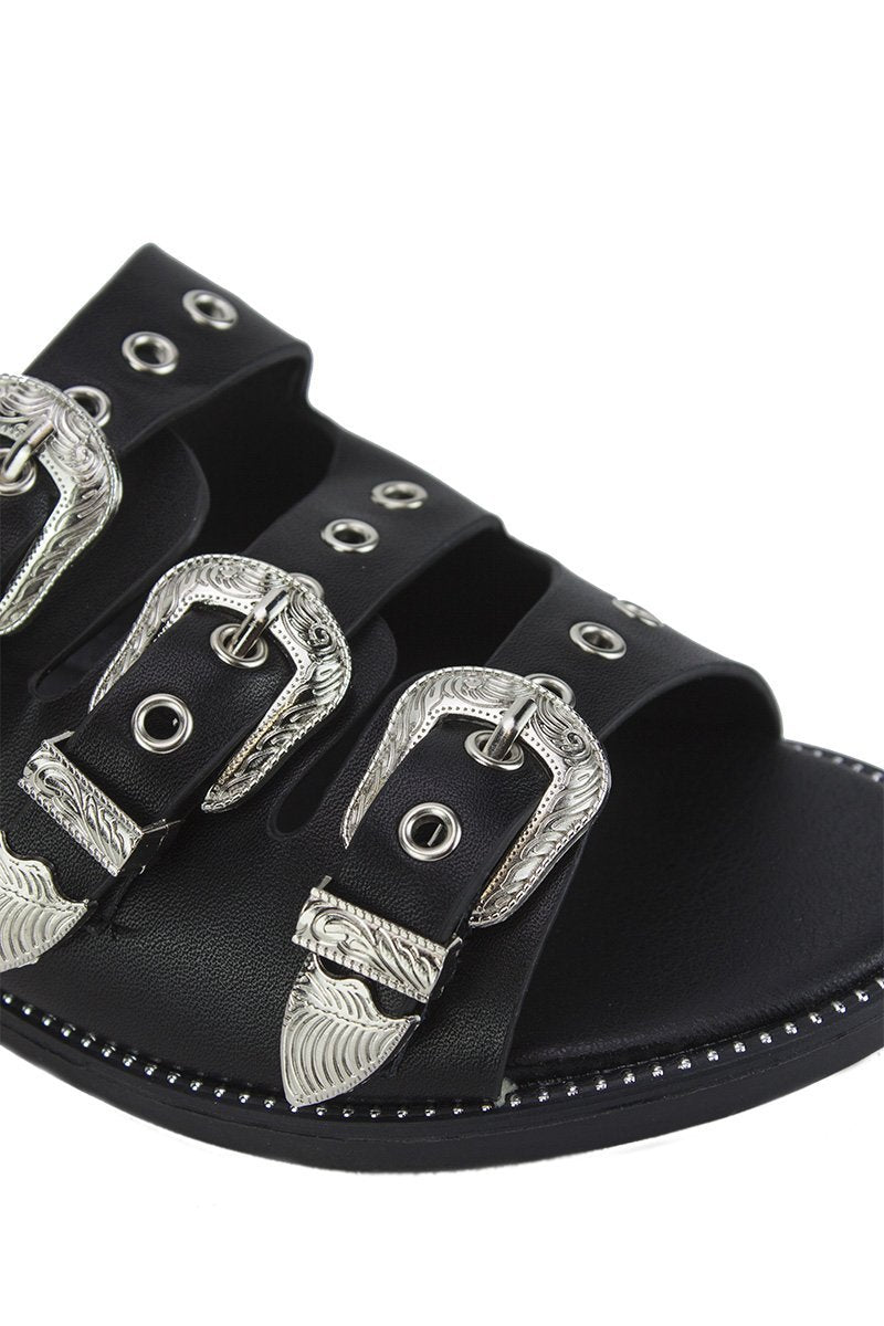 Jada Black Buckle Slider Sandals With Silver Detail