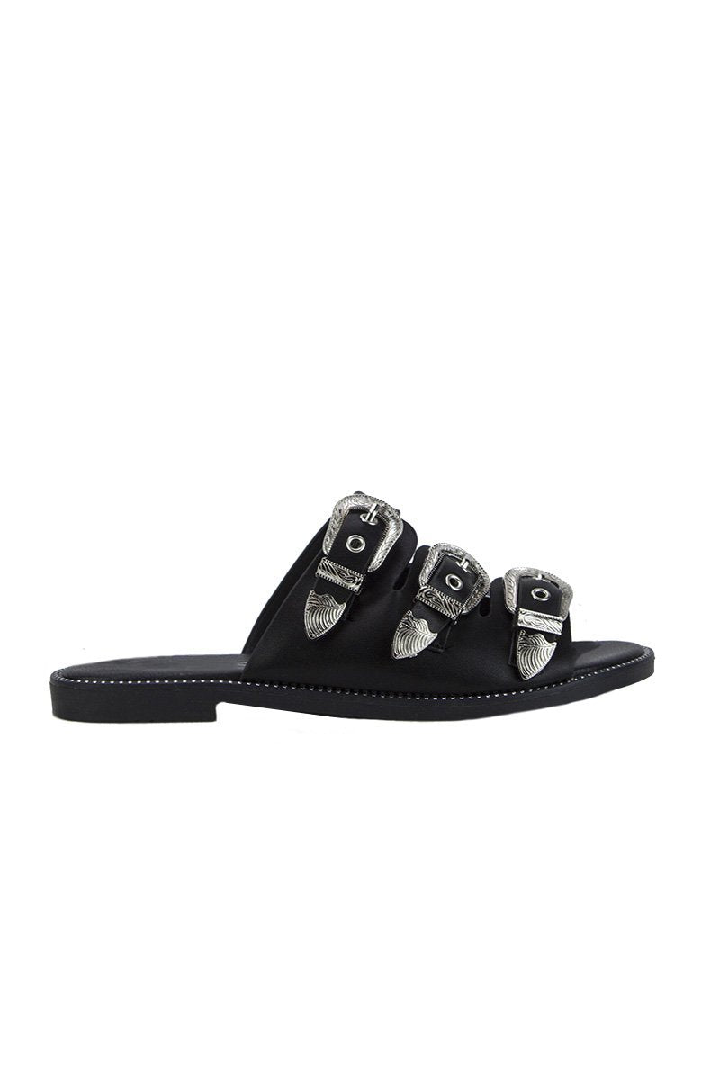 Jada Black Buckle Slider Sandals With Silver Detail