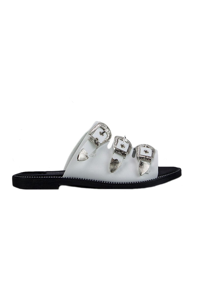 Jada White Buckle Slider Sandals With Silver Detail