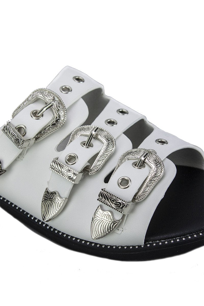 Jada White Buckle Slider Sandals With Silver Detail