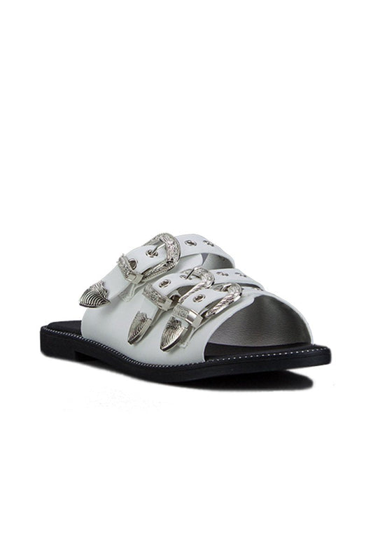 Jada White Buckle Slider Sandals With Silver Detail