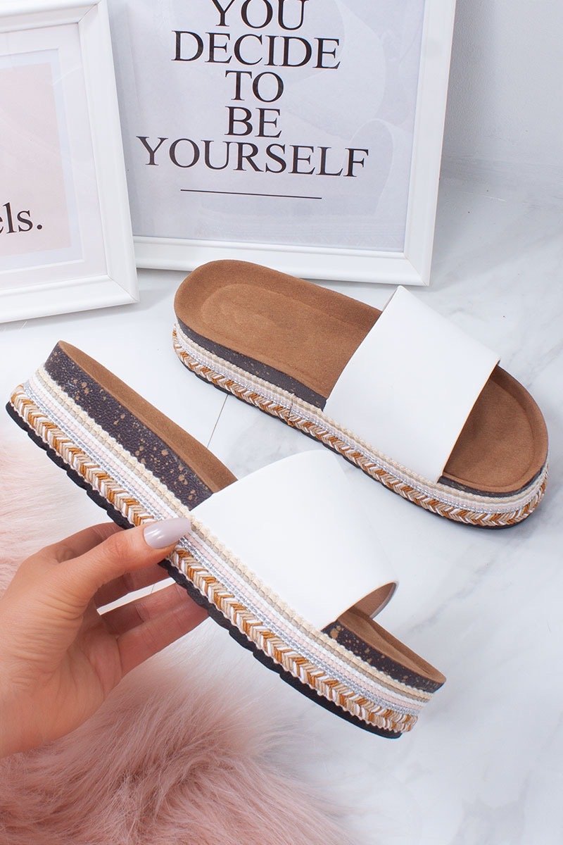 Jaimie White Faux Suede Aztec Mule Flatform Sandals