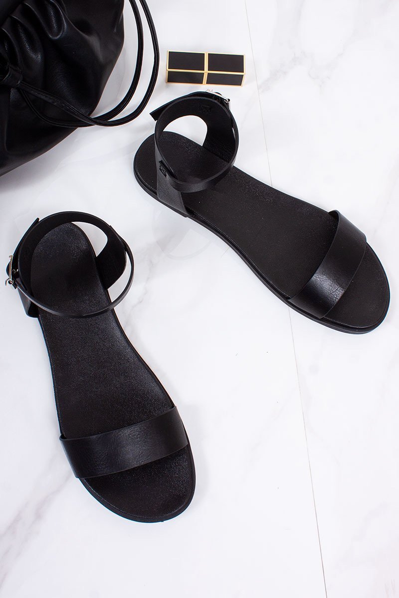 Jayde Black Faux Leather Ankle Strap Sandals