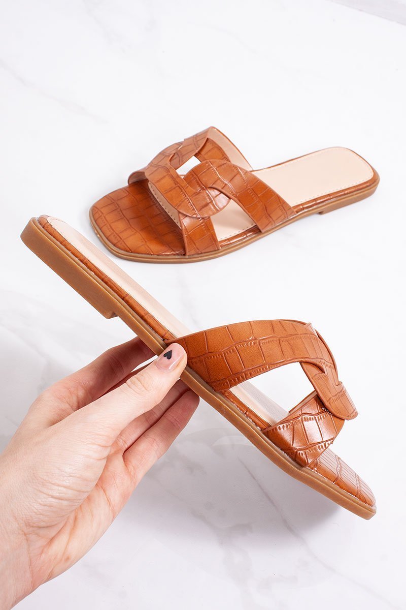 Jeana Tan Croc Pint Cross Strap Mule Sandals