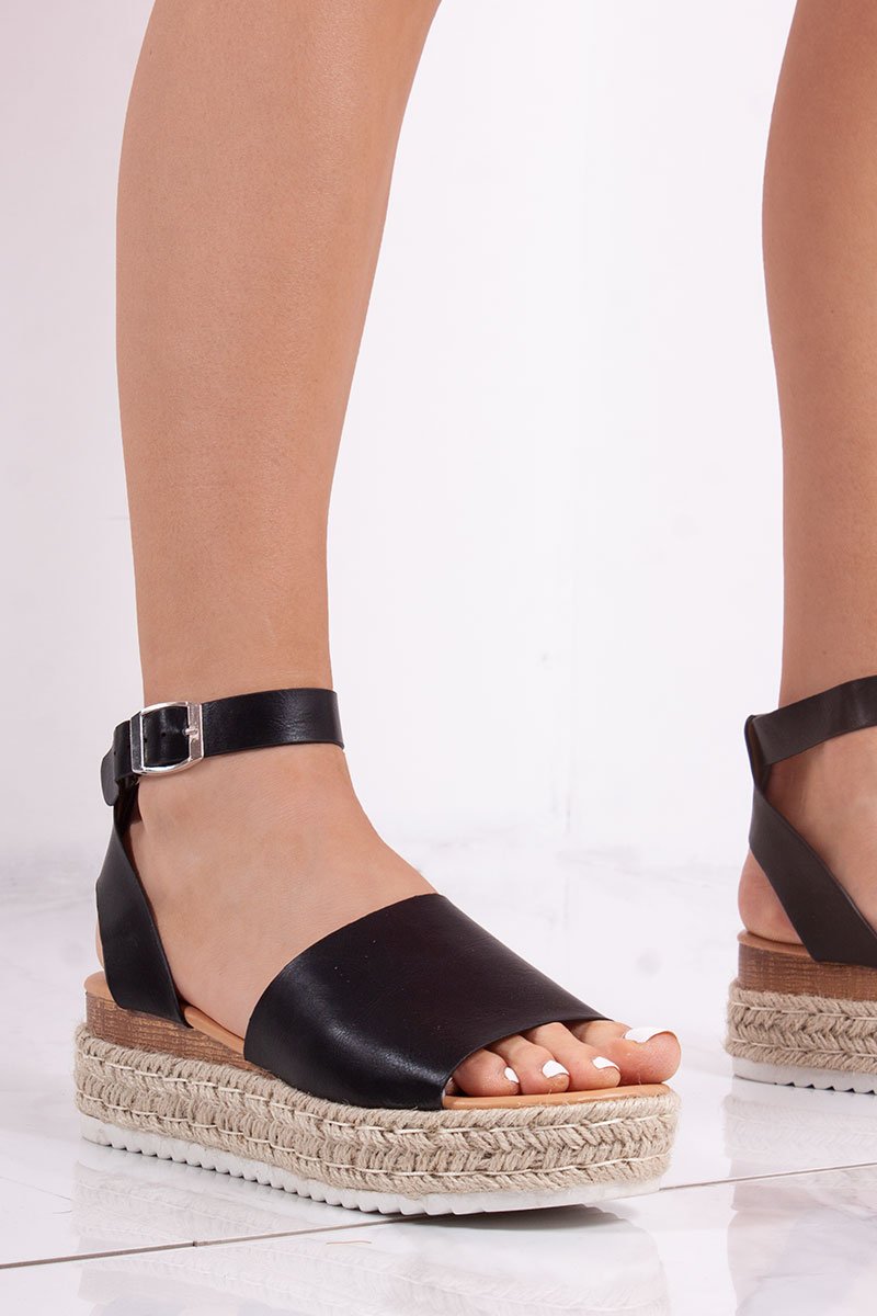 Jenni Black Faux Leather Strap Espadrille Flatform Sandals