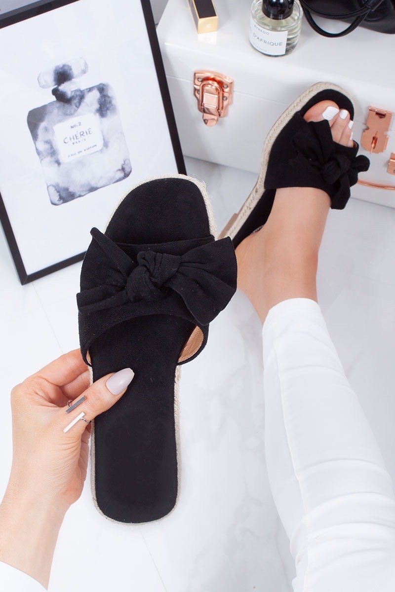 Jessica Black Faux Suede Bow Detail Espadrille Mule Sandals