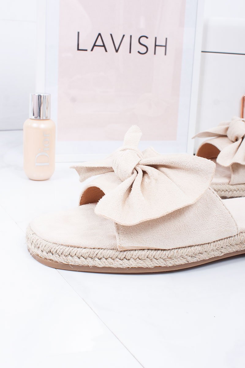 Jessica Cream Faux Suede Bow Detail Espadrille Mule Sandals