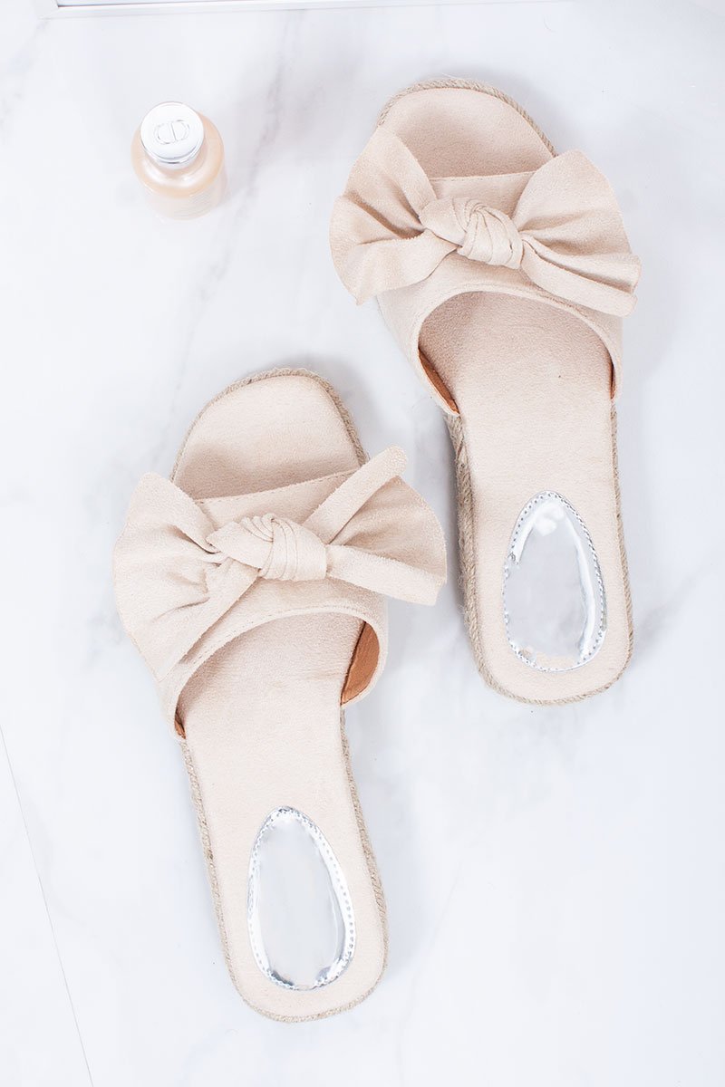 Jessica Cream Faux Suede Bow Detail Espadrille Mule Sandals