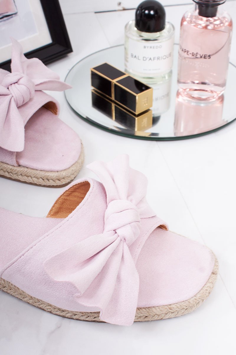 Jessica Pale Pink Faux Suede Bow Detail Espadrille Mule Sandals