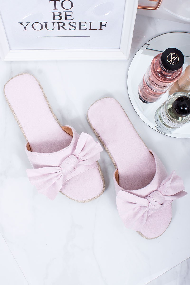 Jessica Pale Pink Faux Suede Bow Detail Espadrille Mule Sandals