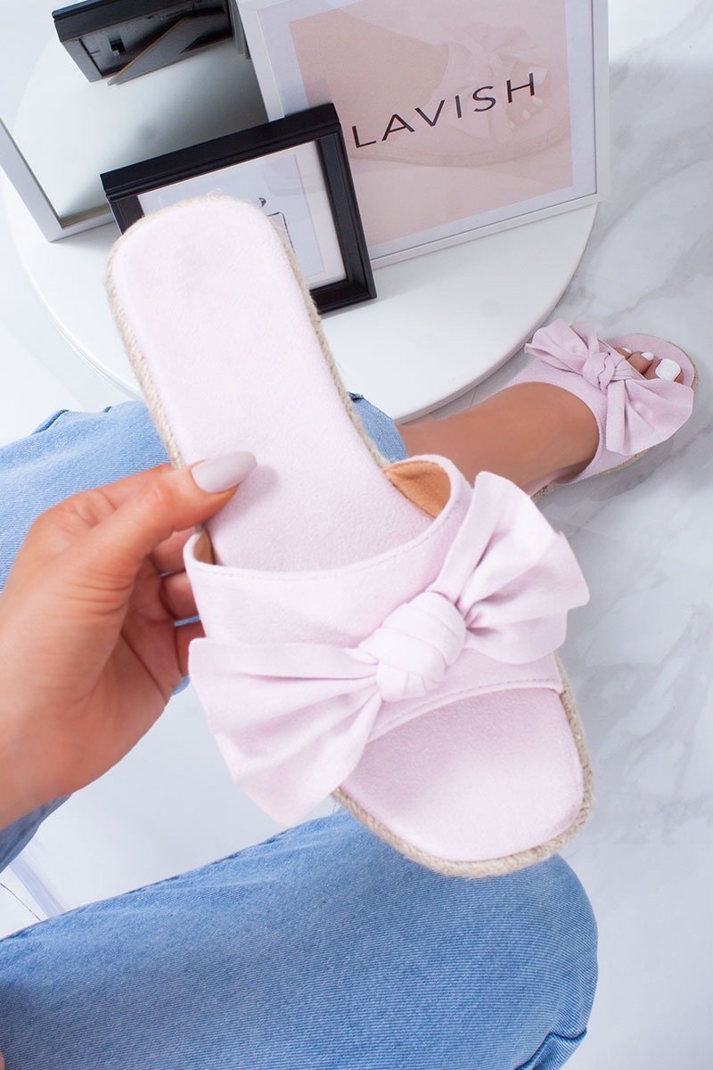 Jessica Pale Pink Faux Suede Bow Detail Espadrille Mule Sandals