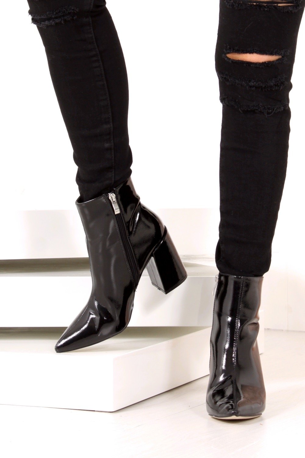 Jodie Black Pointed Toe Block Heel Ankle Boots