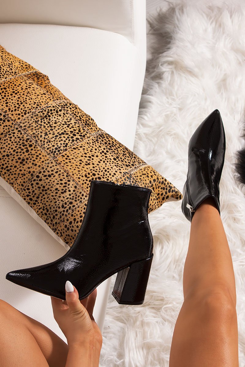 Jodie Black Pointed Toe Block Heel Ankle Boots