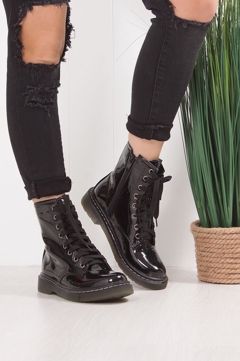 Julia Black Faux Patent Leather Lace Up Ankle Boots