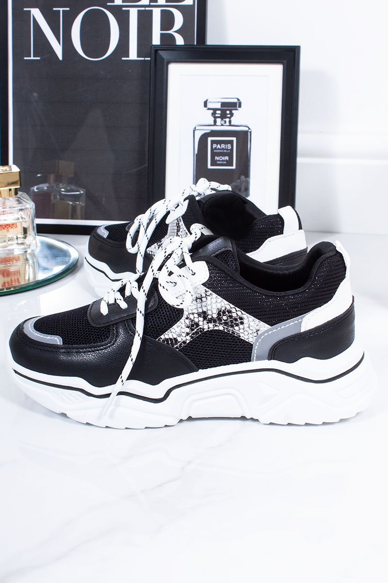 Kacey Black Snake Print Trim Lace Up Chunky Sole Trainers