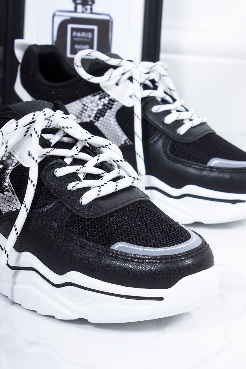 Kacey Black Snake Print Trim Lace Up Chunky Sole Trainers