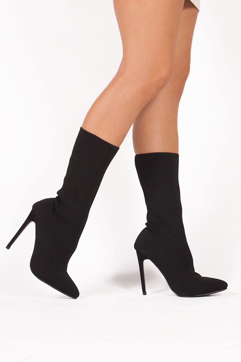 Kady Black Ribbed Stiletto Heel Boots