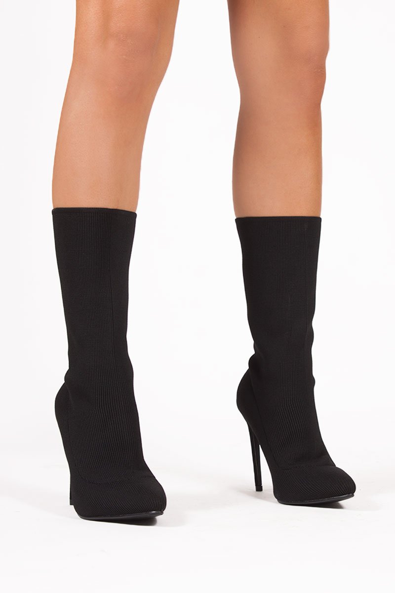 Kady Black Ribbed Stiletto Heel Boots