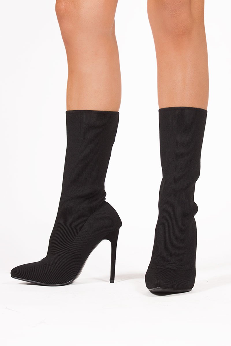 Kady Black Ribbed Stiletto Heel Boots