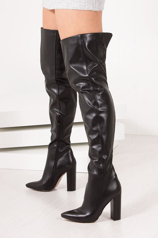 Kammy Black Thigh High Block Heel Boots In Faux Leather