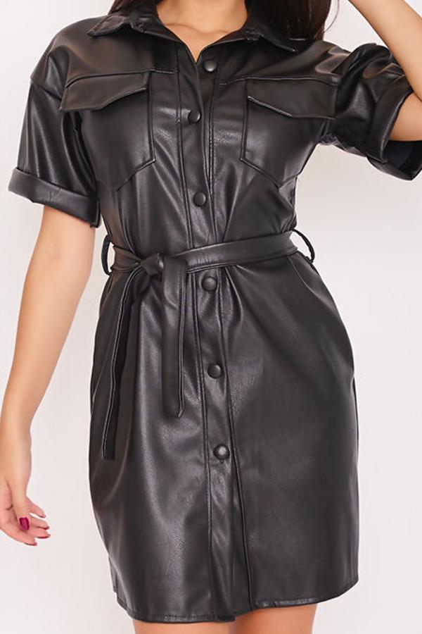 Kassidy Black Faux Leather Belted Shirt Dress