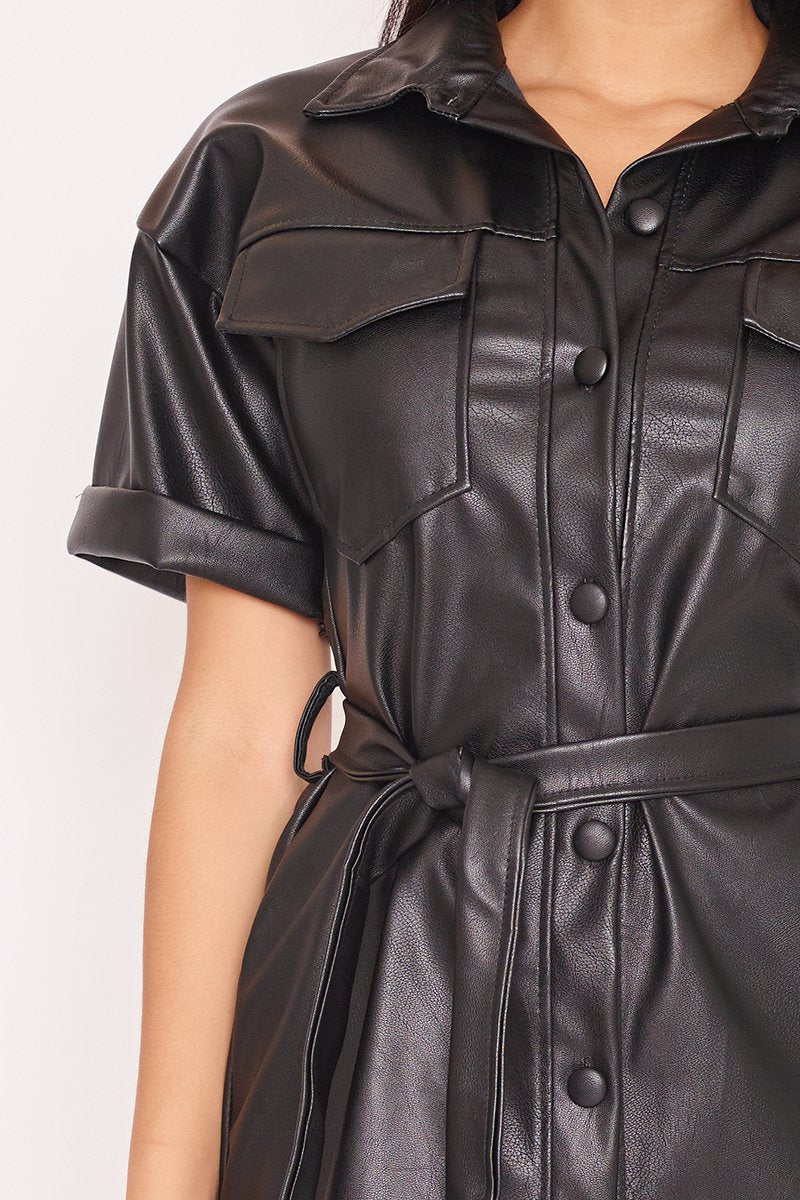 Kassidy Black Faux Leather Belted Shirt Dress