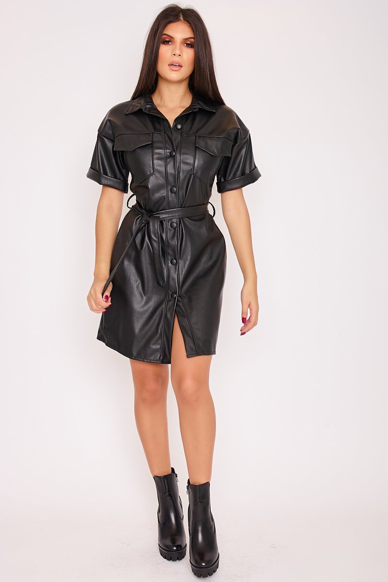 Kassidy Black Faux Leather Belted Shirt Dress